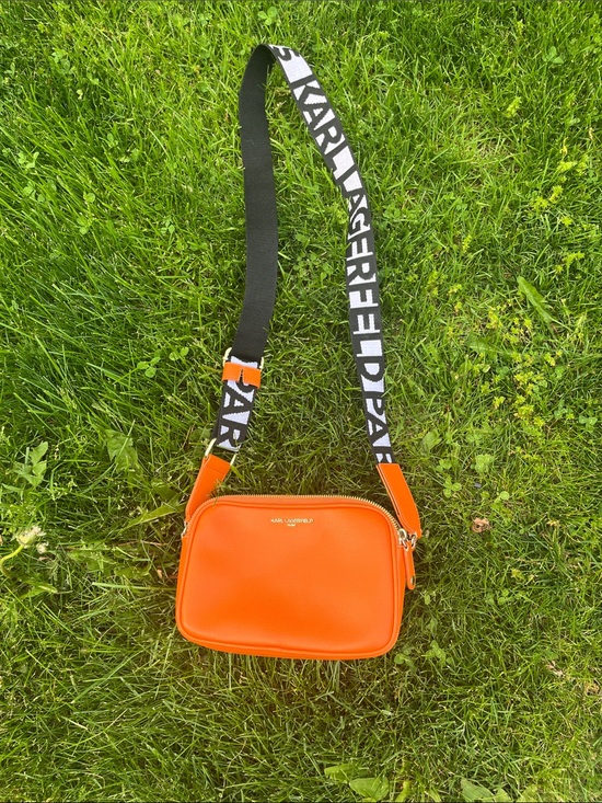 Karl Lagerfeld Handbags - Karl Lagerfeld Orange Leather Crossbody with Black & White Logo Strap